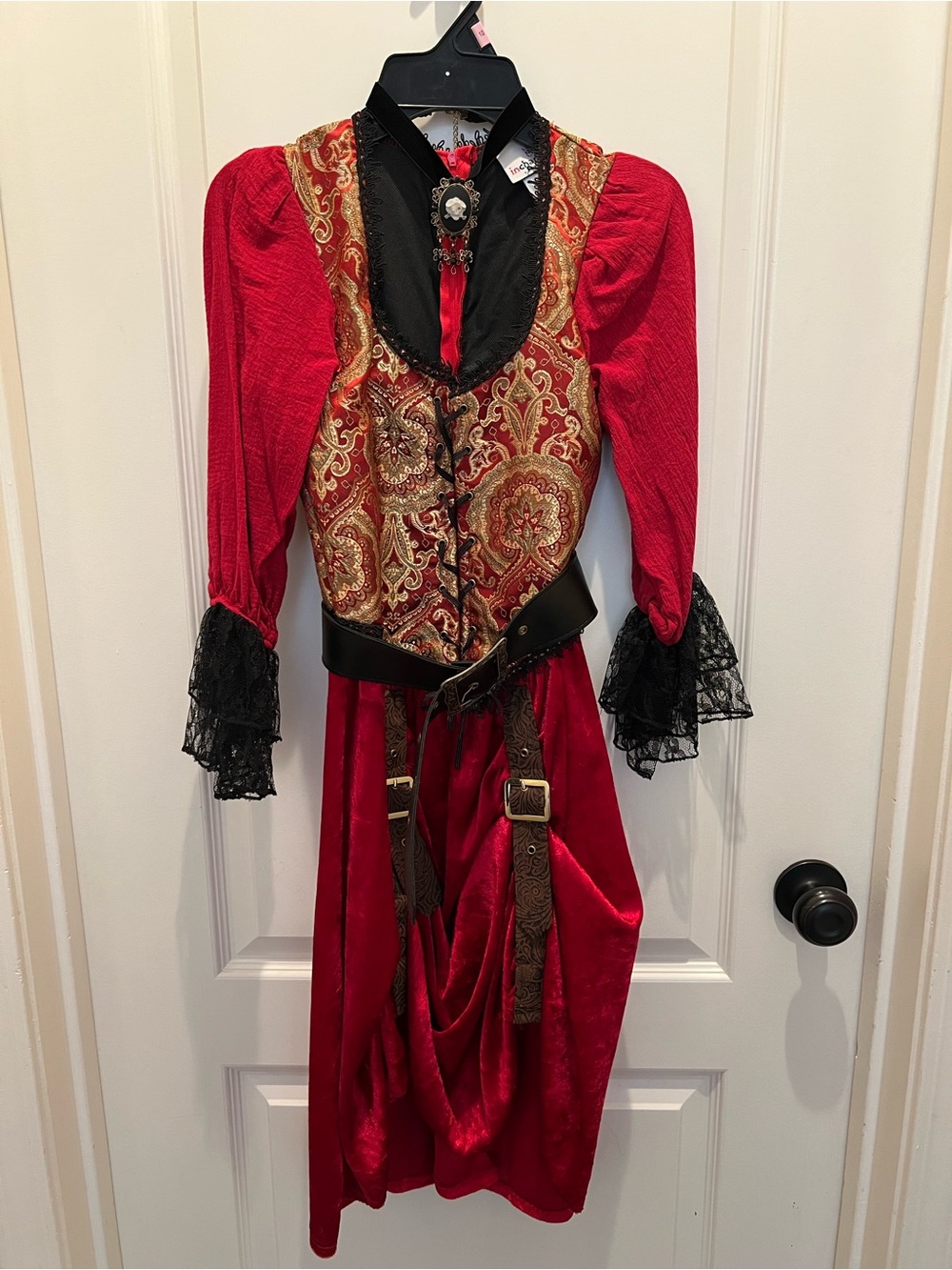 Red Girls' Pirate Victorian Costume with Brocade Vest and Lace Cuffs